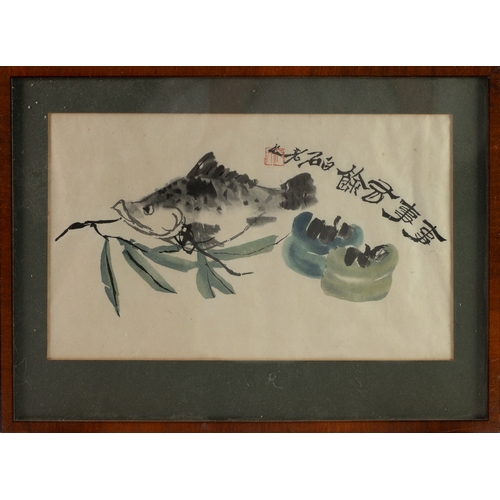 323 - CHINESE REPUBLIC PERIOD WATERCOLOUR Carp and aquatic plants Bears Qi Baishi red seal mark and charac... 