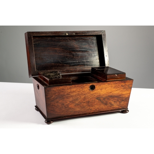 84 - VICTORIAN ROSEWOOD TEA CADDY, of sarcophagus form with bun feet, the interior with a pair of removab... 