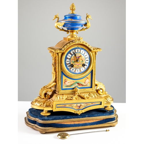 98 - LEROY & FILS, LATE NINETEENTH CENTURY FRENCH ORMOLU AND PAINTED PORCELAIN MANTLE CLOCK, the 3 ½”... 