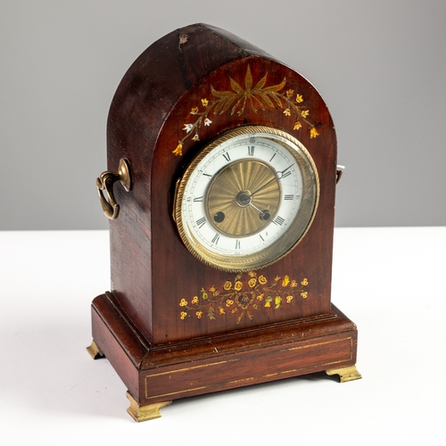 99 - LATE VICTORIAN BRASS AND MOTHER OF PEARL INLAID LANCET TOP MANTLE CLOCK, the 4” brass dial with enam... 