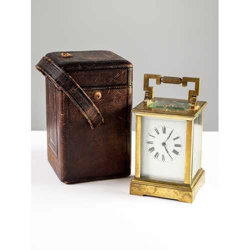 101 - LATE NINETEENTH CENTURY BRASS REPEATING CARRIAGE CLOCK WITH ORIGINAL RED MOROCCO TRAVELLING CASE, th... 