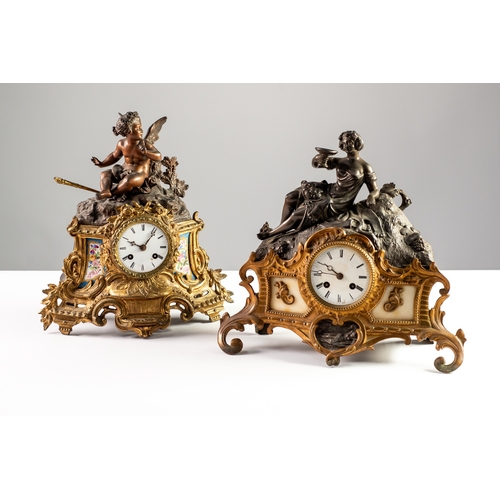 102 - TWO SIMILAR EARLY TWENTIETH CENTURY MANTLE CLOCKS WITH GILT METAL FRONTS, FIGURAL SURMOUNTS AND ENAM... 