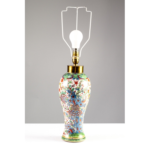 68 - CHINESE PORCELAIN TABLE LAMP, of slender ovoid form, painted in colours with birds and winged insect... 