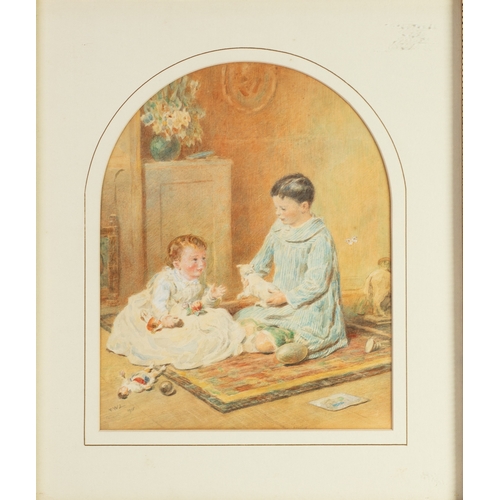 332 - FRANCIS WILFRED LAWSON (1842-1935) WATERCOLOUR, ARCHED TOP 'Uncle Hugh & Aunt Nina Burt' (childr... 