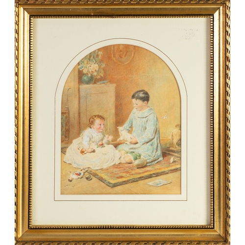 332 - FRANCIS WILFRED LAWSON (1842-1935) WATERCOLOUR, ARCHED TOP 'Uncle Hugh & Aunt Nina Burt' (childr... 