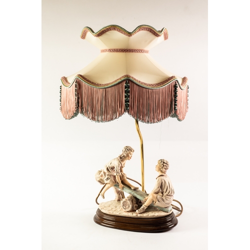 76 - TABLE LAMP WITH RESIN GROUP OF TWO CHILDREN ON A SEESAW, on a mahogany oval plinth base, supporting ... 