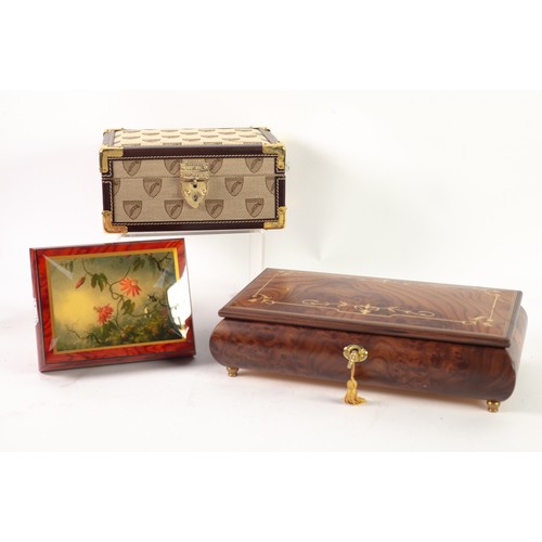 77 - ASPINAL OF LONDON, TRUNK PATTERN TRINKET BOX, oblong with leather bound edges having brass corner mo... 