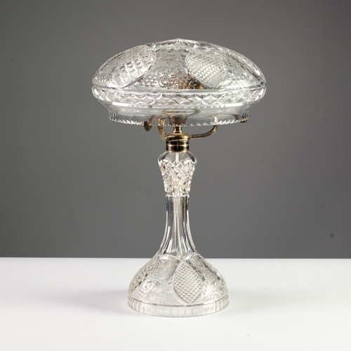 80 - FINE QUALITY, CIRCA 1920s, CUT GLASS LARGE TABLE LAMP AND SHADE, of mushroom shape and having altern... 