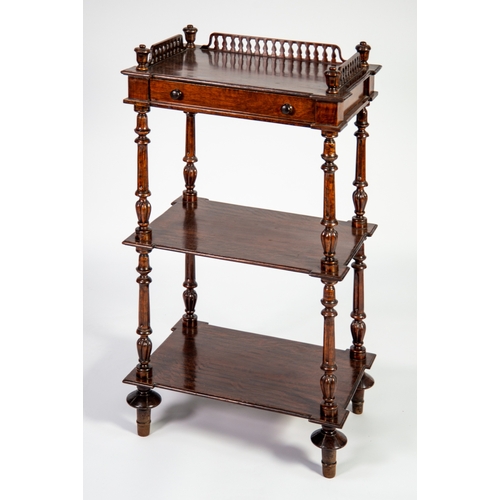 21 - VICTORIAN FIGURED MAHOGANY THREE TIER WHAT-NOT, of rectangular form with single drawer and pierced t... 