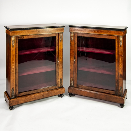 22 - PAIR OF VICTORIAN INLAID WALNUT AND EBONISED SIDE CABINETS WITH GILT METAL MOUNTS, each with moulded... 