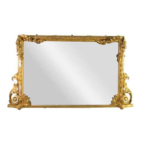 74 - VICTORIAN MOULDED GILT GESSO OVERMANTLE MIRROR, the oblong plate facet cut with borders to three sid... 