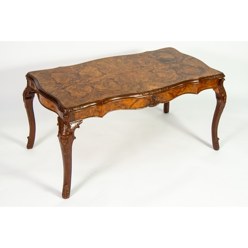 52 - MANNER OF EPSTEIN, QUEEN ANNE STYLE BURR WALNUT COFFEE TABLE, the moulded oblong top of serpentine o... 