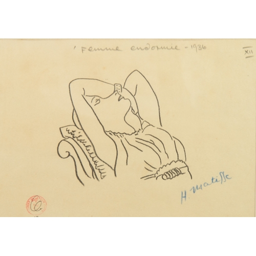 362 - AFTER HENRI MATISSE BLACK AND WHITE PRINT ‘Femme Endormie – 1936’ (XII) 7” X 10 ¼” (17.8cm x 26cm) W... 