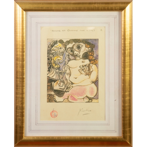 361 - AFTER PABLO PICASSOCOLOUR PRINT‘Homme et Femme nue - 1967’ 7” x 5 ½” (17.8cm x 14cm) With circular r... 