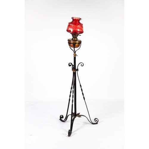 75 - TOWNSEND Ltd, EDWARDIAN PRESENTATION BLACK PAINTED METAL ADJUSTABLE FLOOR STANDING OIL LAMP WITH COP... 