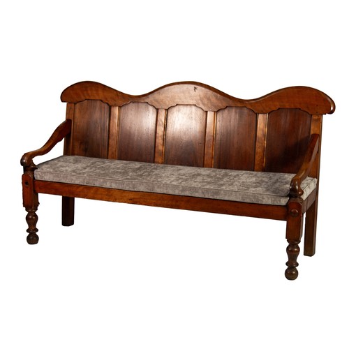 14 - VICTORIAN MAHOGANY AND SATIN BIRCH SETTLE, the shapes top rail above five panel back, flanked by dow... 