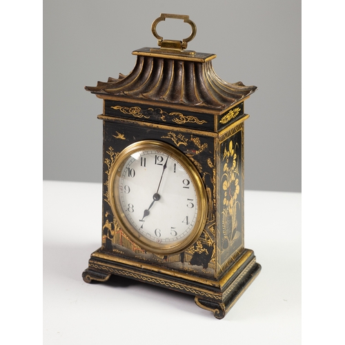 92 - EARLY TWENTIETH BLACK LACQUERED ‘CHINOISERIE’ DRESSING TABLE OR SMALL MANTLE CLOCK, the 3 ½” Arabic ... 