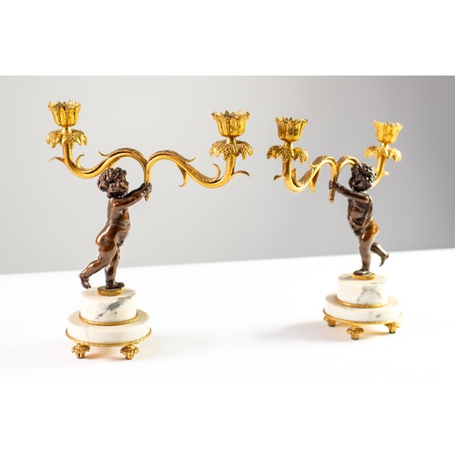 86 - PAIR OF TWO LIGHT CANDELABRA, each with two ormolu S scroll acanthus branches with campana sconces a... 