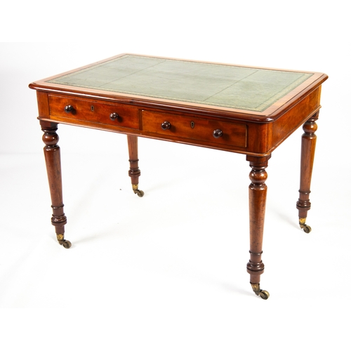 27 - VICTORIAN MAHOGANY WRITING TABLE, the moulded top with gilt tooled green leather insert, set above a... 