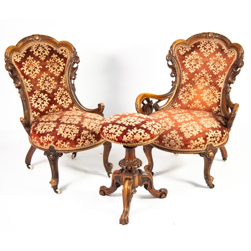 30 - VICTORIAN CARVED WALNUT LADY’S AND GENT’S TYPE PARLOUR CHAIRS, each with moulded show wood frame, tu... 