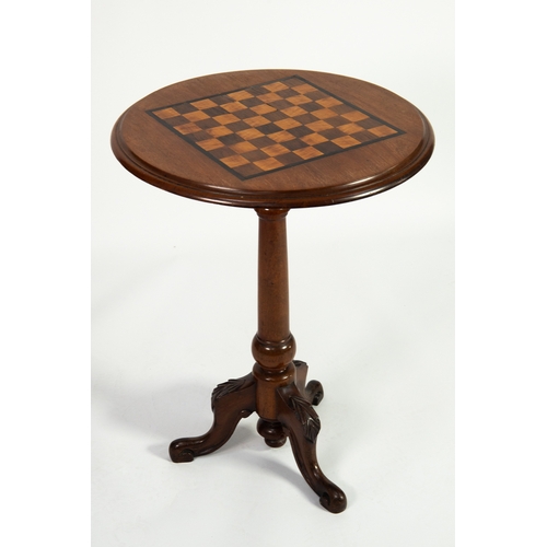 25 - VICTORIAN CARVED MAHOGANY TRIPOD OCCASIONAL TABLE, the moulded circular top set for chess, above a t... 