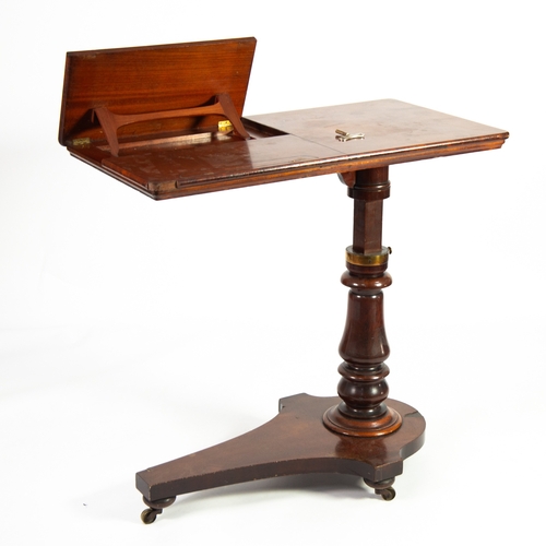 26 - EARLY NINETEENTH CENTURY MAHOGANY OVER BED ADJUSTABLE READING TABLE, the oblong top with twin book r... 