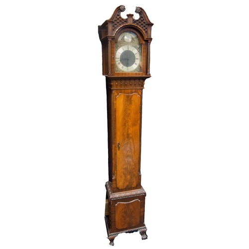 93 - EARLY TWENTIETH CENTURY GEORGIAN STYLE FIGURED MAHOGANY CASED SMALL LONGCASE CLOCK, the 8” brass dia... 