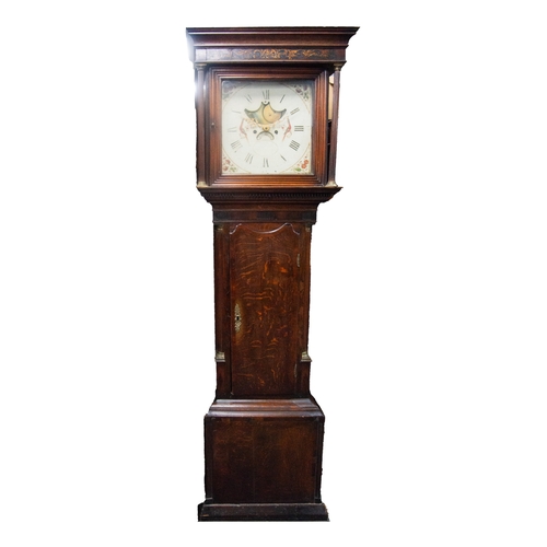 94 - LATE EIGHTEENTH CENTURY OAK CASED LONGCASE CLOCK WITH HALIFAX MOONPHASE, the 14” painted Roman dial ... 