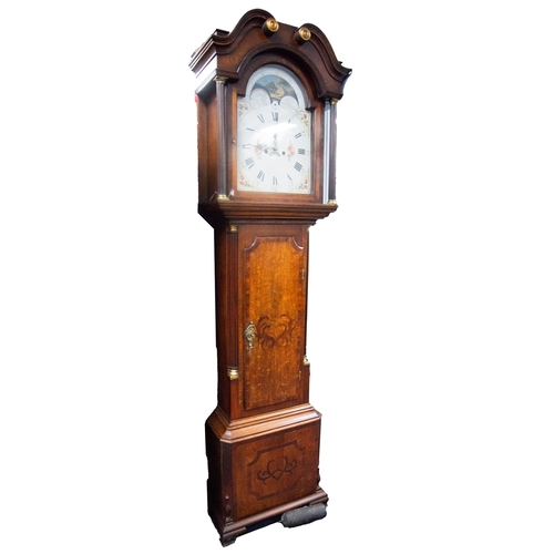 96 - LATE EIGHTEENTH/ NINETEENTH CENTURY CROSSBANDED OAK CASED LONGCASE CLOCK WITH ROLLING MOONPHASE, the... 