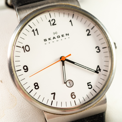 118 - SKAGEN, DENMARK, GENT'S QUARTZ WRISTWATCH, the white circular arabic dial, having centre seconds han... 