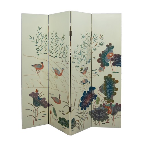 7 - MODERN CHINESE LACQUERED AND OIL PAINTED EIGHT PART FOLDING SCREEN, decorated in colours with birds ... 