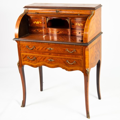 8 - MODERN FRENCH STYLE FLORAL MARQUETRY INLAID LADY’S CYLINDER WRITING DESK WITH GILT METAL MOUNTS, of ... 