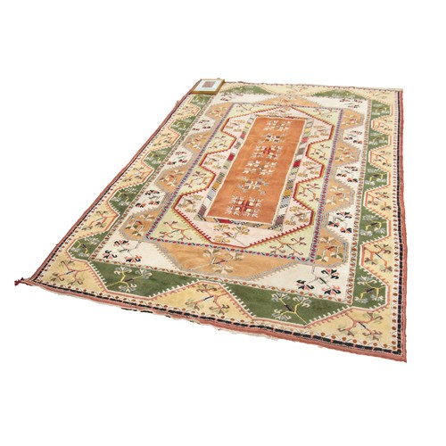 61 - TURKISH MILAS CARPET of Caucasian style, having small central brick red field decorated two rows of ... 