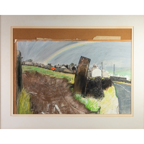 347 - TREVOR STUBLEY (1932-2010) MIXED MEDIA Rainbow over a Hilltop Village Signed and dated (19)79 20 ½” ... 