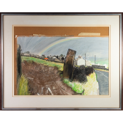 347 - TREVOR STUBLEY (1932-2010) MIXED MEDIA Rainbow over a Hilltop Village Signed and dated (19)79 20 ½” ... 