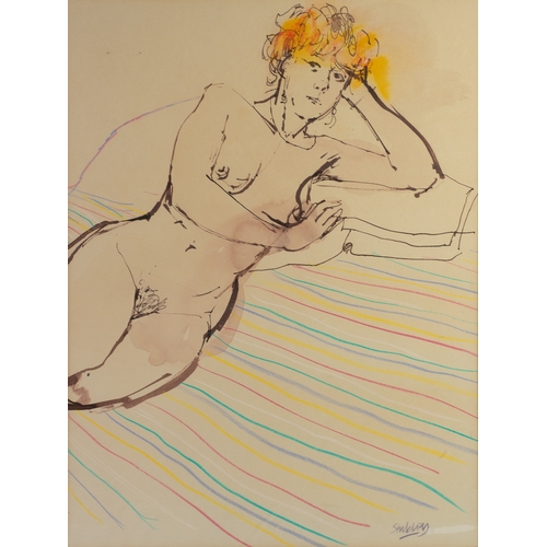 348 - TREVOR STUBLEY (1932-2010)MIXED MEDIA ON BUFF COLOURED PAPERReclining female nude Signed 16” x 12” (... 