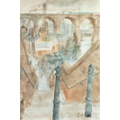 349 - ALBIN TROWSKI (1919-2012) PEN AND WASH DRAWINGStockport steps beside the river Mersey, with the viad... 