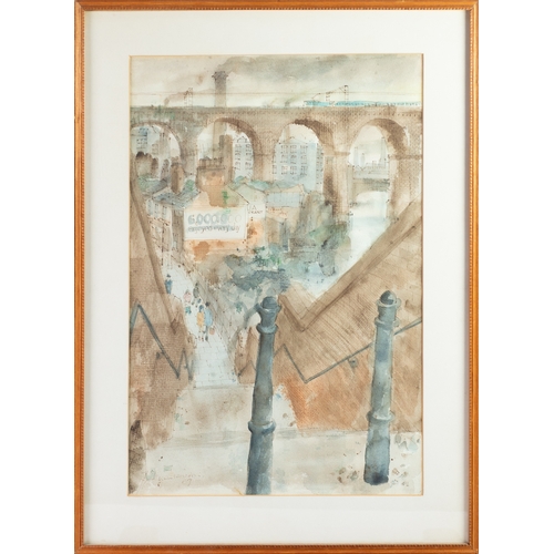 349 - ALBIN TROWSKI (1919-2012) PEN AND WASH DRAWINGStockport steps beside the river Mersey, with the viad... 