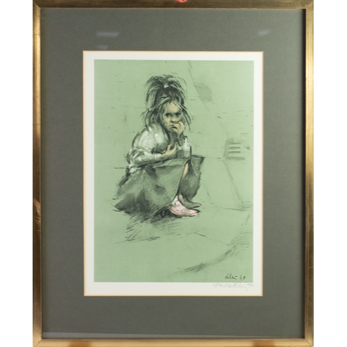 366 - HAROLD RILEY (1934-2023) ARTIST SIGNED LIMITED EDITION COLOUR PRINT ‘Girl in her Mother’s Shoes’ (44... 