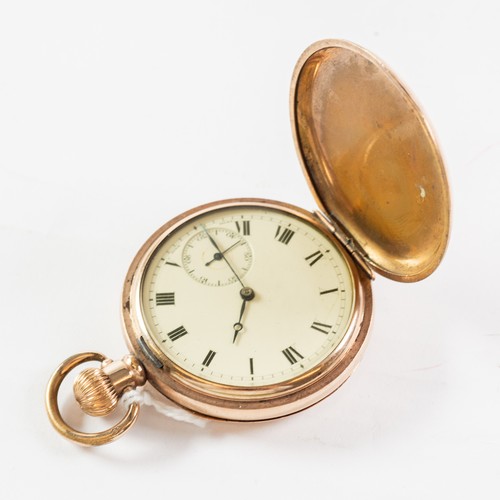 132 - ROLLED GOLD HUNTER POCKET WATCH with Swiss 15 jewels keylesss movement, white roman dial with subsid... 