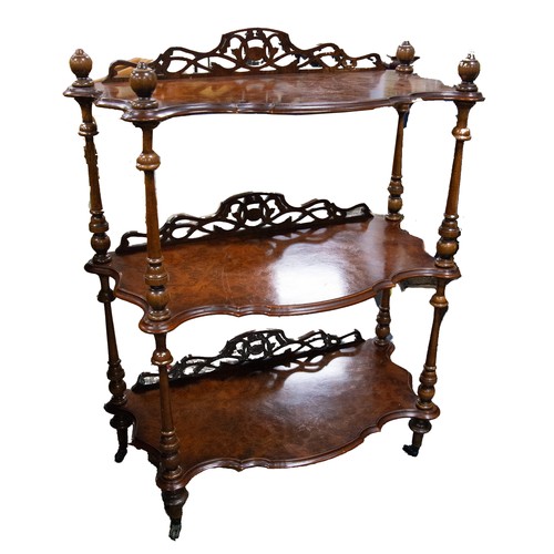 34 - VICTORIAN BURR WALNUT AND BEECH THREE TIER WHAT-NOT, the shaped shelves with pierced short backs and... 