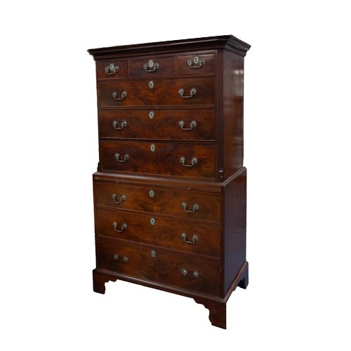 29 - GOOD GEORGE III FIGURED MAHOGANY CHEST ON CHEST, the moulded cornice above three short and three lon... 