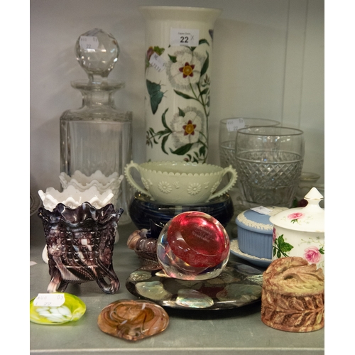 18 - ASSORTED CERAMICS TO INCLUDE; SQUARE GLASS DECANTER, TWO GLASS BEER/WINE GOBLETS, FOUR VAN SCHIERHOL... 