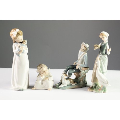 22 - FOUR LLADRO PORCELAIN FIGURES, viz a seated shepherd boy and dog, no 4659, 7 1/2in (19cm) high; girl... 