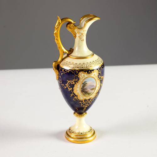 28 - HAND PAINTED COALPORT CHINA SMALL PEDESTAL EWER, of typical form with ornate gilt handle, painted wi... 