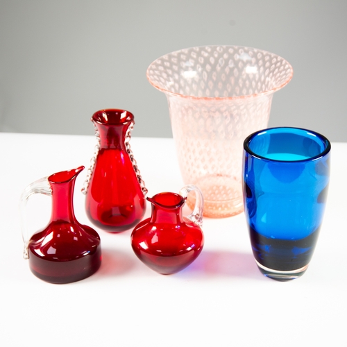 31 - THREE PIECES OF WHITEFRIARS RUBY GLASS, comprising: TW JUGS and a VASE, all with clear glass handles... 