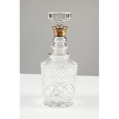 32 - CUT GLASS CYLINDRICAL DECANTER WITH STOPPER AND HALLMARKED SILVER COLLAR, London 1979, 11” (28cm) hi... 