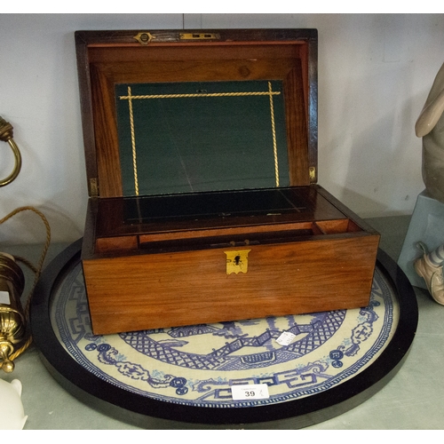 39 - A VICTORIAN WALNUTWOOD WRITING BOX/SLOPE AND A CIRCULAR GLAZED WILLOW PATTERN EMBROIDERY (2) ... 