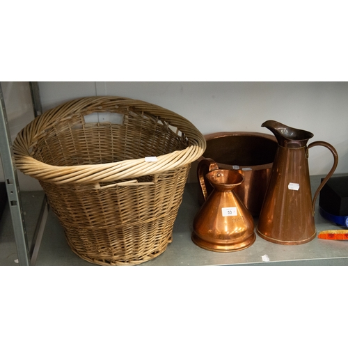 53 - MIXED COLLECTABLES:TWO HANDLED WICKER LOG/LINEN BASKET, WITH COPPER EWER, QUART HAYSTACK MEASURE, HA... 