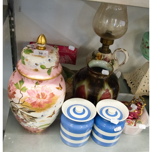 58 - ASSORTED CERAMICS:TO INCLUDE SOME LIMOGES TRINKETS, A PAIR OF CORNISH WARE JARS, A JAPANESE EXPORT B... 